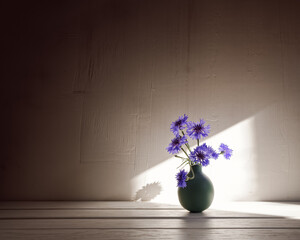 Cornflowers are in a small green vase on a white wooden background and are illuminated by the sun's rays from the window. A simple rustic flower arrangement on a wooden table against a wall.