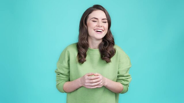 Vlogger lady live stream chat followers isolated cyan color background