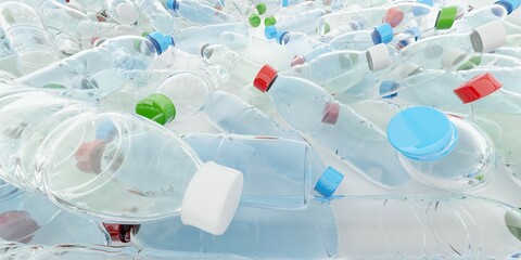 Wide angle view of empty plastic bottles, waste, trash or environment pollution concept - obrazy, fototapety, plakaty