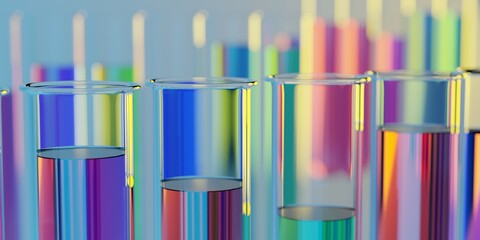 Multi colored chemical or medical laboratory test tubes with fluid, research, science or medicine concept or background - obrazy, fototapety, plakaty