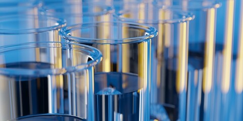Chemical or medical laboratory test tubes with fluid close up with selective focus, research, science or medicine concept or background