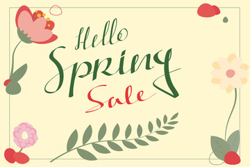 Hello spring poster with sprin flowers and grasses. Vector illustraton. Caligrafic text.
