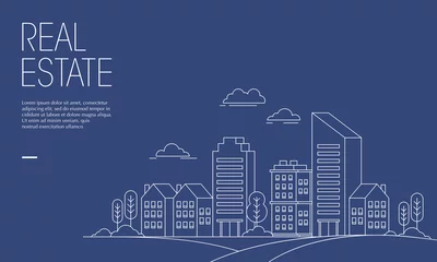 Fototapete Rund Aubergine Vector illustration of cityscape with linear line style. Suitable for design element of real estate poster, modern city promotional background, and urban landscape illustration.   © KMPro