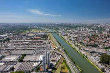 2016 JAN, SÃO PAULO City, BRAZIL, Aerial photo of the Marginal Pinheiros lane, the second most important expressway in the city of São Paulo. Ceagesp On the left in the photo.