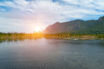 The mountain with three hundred peaks  of limestone hills along the Gulf of Thailand with lake,which makes it the largest wetlands area and sunlight at Sam Roi Yot  national park.