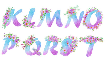 Alphabet with a Very Peri watercolor fill and with bouquets of purple flowers .The set is suitable for greeting cards, invitations, for design works,crafts and hobbies.