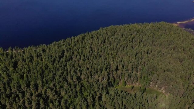 Aerial view of landscape with forest and lake in Karelia