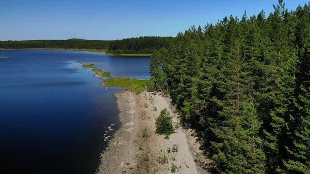 Aerial view of landscape with forest and lake in Karelia