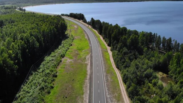 Aerial view of landscape with forest and lake in Karelia