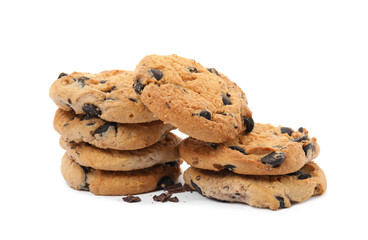 Tasty chocolate chip cookies on white background
