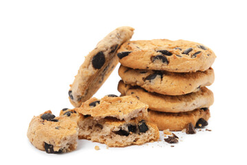 Tasty chocolate chip cookies on white background
