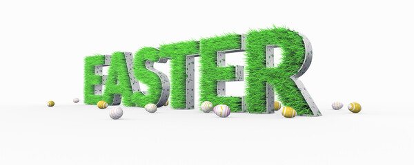 Easter banner. Green spring grass in shape of text. Festive background with easter eggs isolated on white. Creative template. 3D illustration.