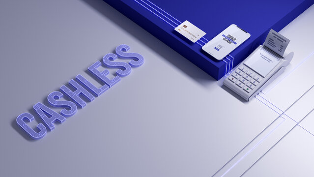 Cashless society concept. Payment terminal, credit card and smartphone linked with digital wireless.