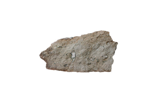 Isolated a specimen of tuff igneous rock on white background. Tuff is a relatively soft, porous rock that is usually formed by the compaction and cementation of volcanic ash or dust.