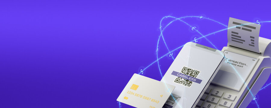 Credit card with chip. POS terminal with receipt. Smartphone with QR code on screen.