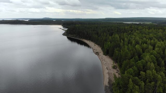 Aerial view of landscape with forest and lake in Karelia