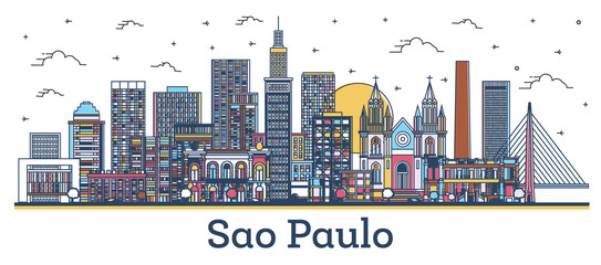 Fototapeta premium Outline Sao Paulo Brazil City Skyline with Colored Buildings Isolated on White.