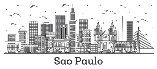 Obraz premium Outline Sao Paulo Brazil City Skyline with Modern Buildings Isolated on White.