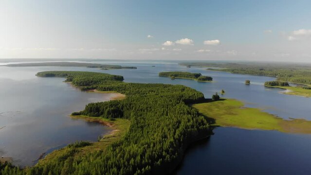 Aerial view of landscape with forest and lake in Karelia