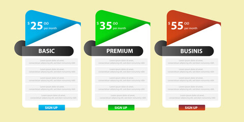 set of pricing table, order, box, button, list for web, Pricing Table Template with Three Plan Type. Pricing table, banner, button, list and bullet with plan for website in flat design.