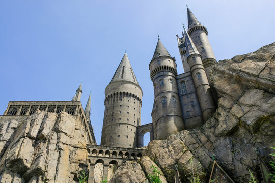 Orlando, USA – May 30, 2017: The Hogwarts Castle at The Wizarding World Of Harry Potter in Adventure Island of Universal Studios Orlando. Universal Studios Orlando is a theme park in Orlando, Florida,