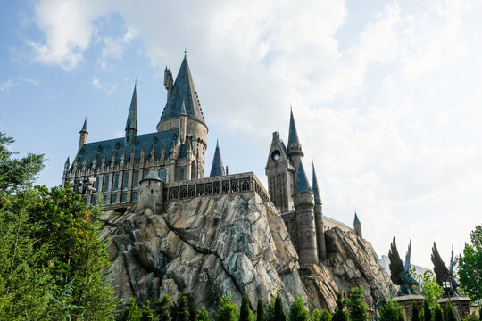 Orlando, USA – May 30, 2017: The Hogwarts Castle at The Wizarding World Of Harry Potter in Adventure Island of Universal Studios Orlando. Universal Studios Orlando is a theme park in Orlando, Florida,