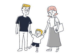 手を繋いでお出かけする家族　コミカルな手書きの人物イラスト　ベクター線画にシンプルな色つけ　白バック
