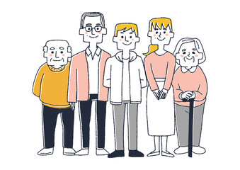 二世代家族　コミカルな手書きの人物　ベクター、線画にシンプルな色つけ　