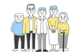 二世代家族　コミカルな手書きの人物　ベクター、線画にシンプルな色つけ　