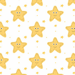  Seamless pattern with yellow starfish. Pattern with cute starfish. Baby pattern. Vector illustration.