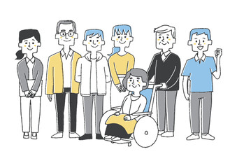 三世代家族と介護職員　コミカルな手書きの人物イラスト　ベクター線画にシンプルな色つけ　白バック
