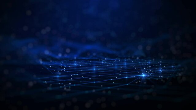 Abstract concept of cybersecurity protection technology and data protect online internet network connection which has a grid on the ground below, small particles moving slowly around. big data.