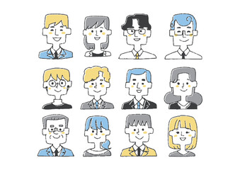 ビジネスマンの顔アイコンセット　コミカルな手書きの人物イラスト　ベクター線画にシンプルな色つけ