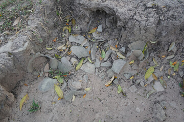 Heap of broken bowl pieces. Archaeology of ancient kiln sites in Lanna region, Ja-Manas kiln. Northern Thailand.