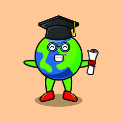 Cute cartoon earth student character on graduation day with toga in concept 3d cartoon style
