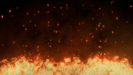 Fototapeta premium 3D fire and Burning embers glowing. Fire Glowing Particles on Black Background