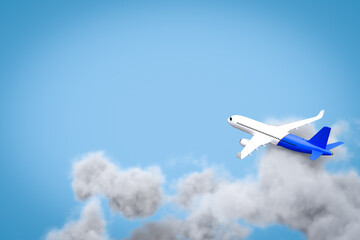 white airplane with the clouds on blue background, top view. 3D Render