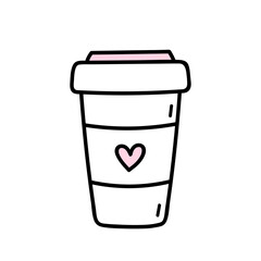 Cute cup of coffee to go isolated on white background. Vector hand-drawn illustration in doodle style. Perfect for Valentine's Day designs, cards, logo, decorations.