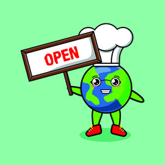 Cute cartoon earth character holding open sign designs in concept 3d cartoon style