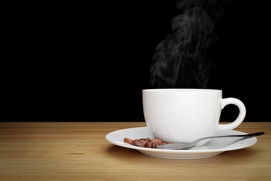 3D Rendering. White cup of coffee on Black background.