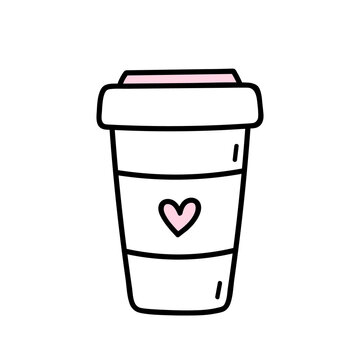 Cute cup of coffee to go isolated on white background. Vector hand-drawn illustration in doodle style. Perfect for Valentine's Day designs, cards, logo, decorations.