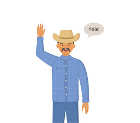 Different nations representatives waving hand. Adult man in hat and casual clothes say hello. Character flap his hand friendly isolated on white. Guy waving hand saying hi, makes greeting gesture