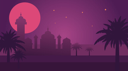 Islamic Mosque Cityscape arabic characters on beautiful silhouette background - Ramadan Kareem.