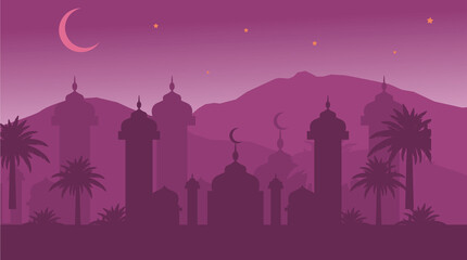 Islamic Mosque Cityscape arabic characters on beautiful silhouette background - Ramadan Kareem.