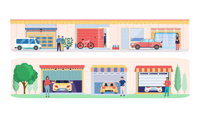 Fototapeta premium Garage with automatic gates. Vehicle storage space, room for cars inside house. Gates with lifting mechanism, place for automobile parking. Car near garage in modern residental building