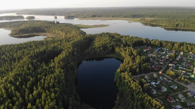 Aerial view of landscape with forest and lake in Karelia