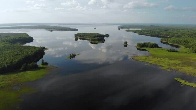 Aerial view of landscape with forest and lake in Karelia