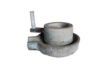 Ancient stone mill mortar isolated on white background.
