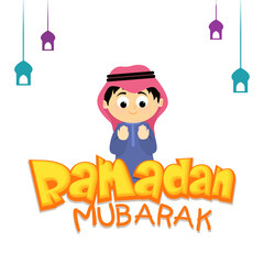 Ramadan Mubarak Font With Arabian Boy Offering Namaz (Islamic Prayer) And Lanterns Hang On White Background.