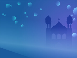 Glossy Blue Background With Circles, Mosque And Copy Space For Islamic Festival Concept.